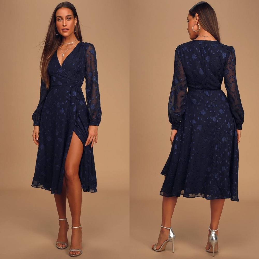 Lulu's Navy Sheer-Sleeve Midi Wrap Dress